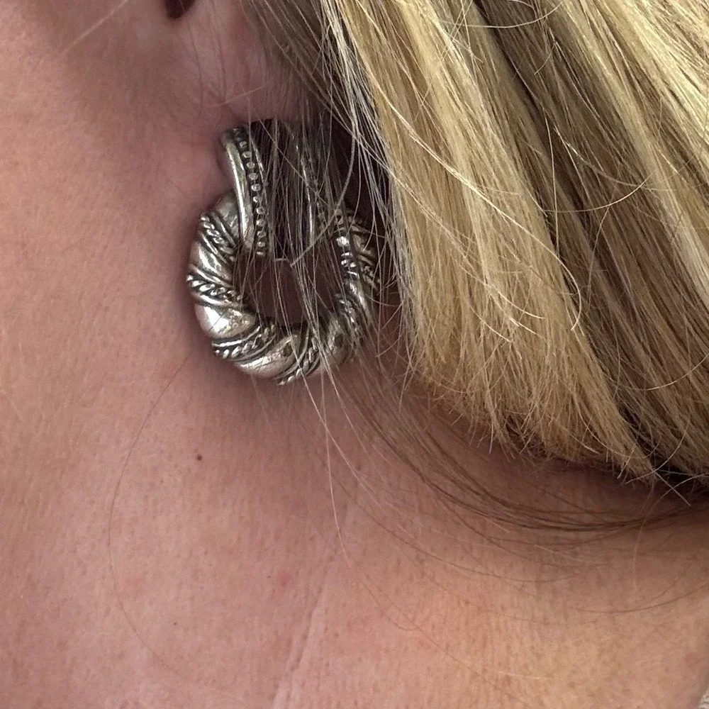 Vintage‎ Brighton Silver-toned Burgundy Inlay Twisted Rope Hoop Earrings